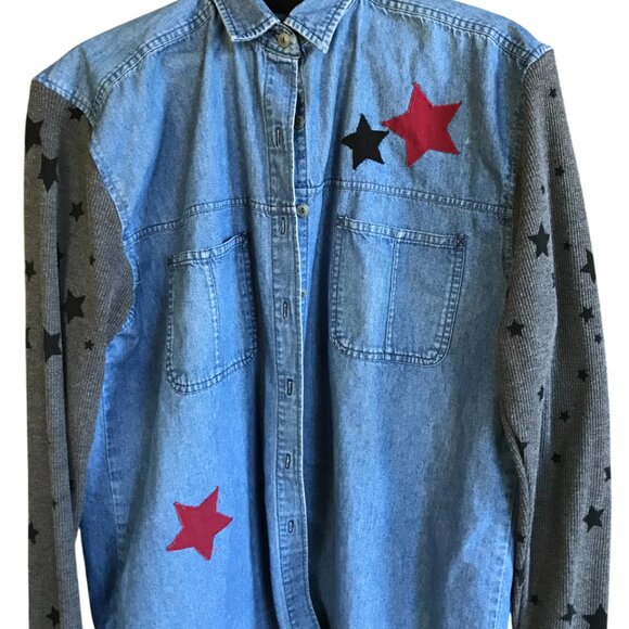 Upcycled Denim Jacket: Women's M, Rock and Roll Patches & Stars, Concert Shirt - Picture 10 of 11